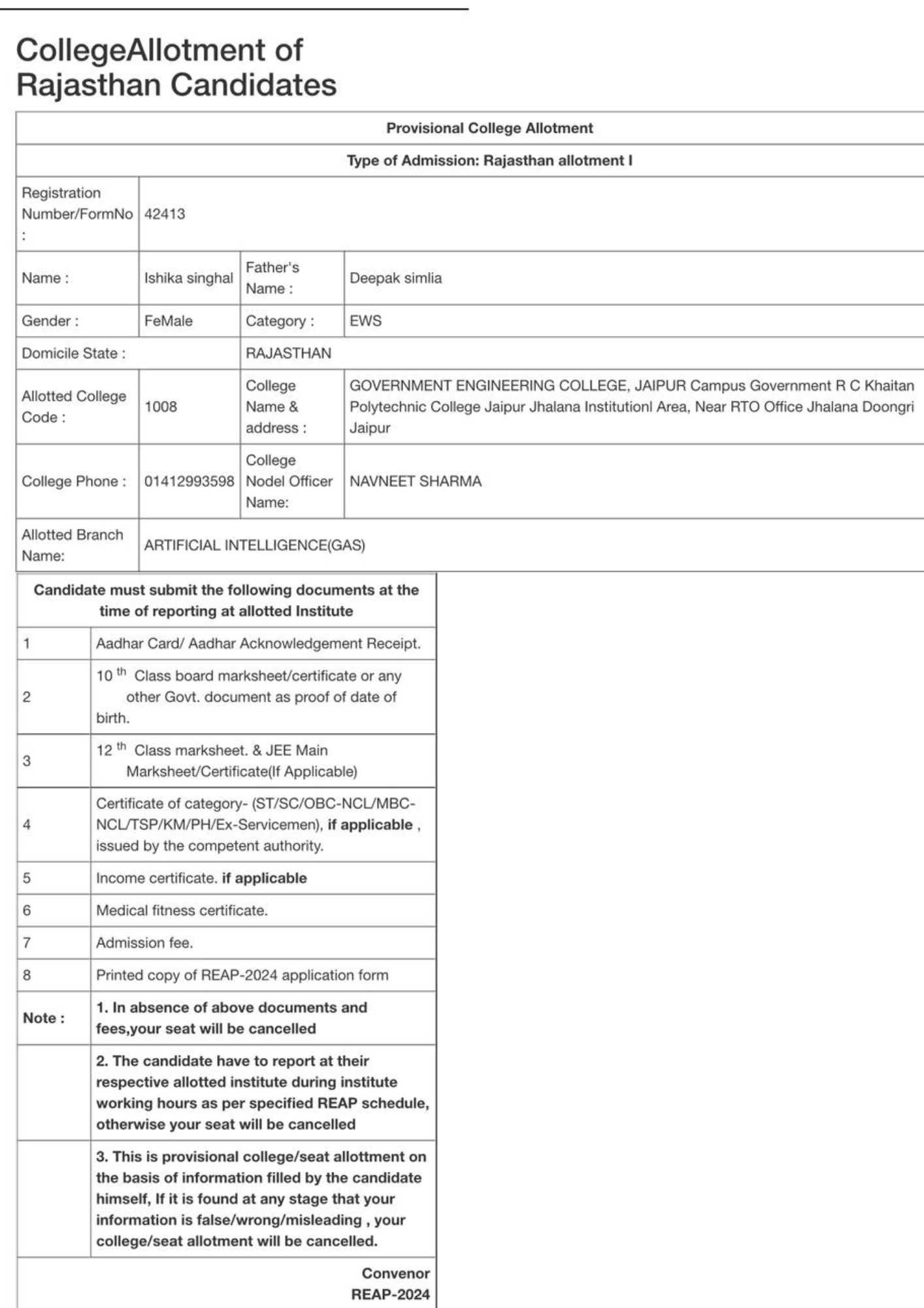Allotment letter Career Margdarshan
